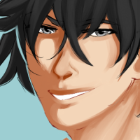 A black haired character that's smiling at the viewer