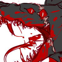 A mirror from Flight Rising with an open maw full of blood and a scar running down her face