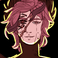 A pink haired character, a sash that's on his face is sliced, showing a cluster of various eyes underneath