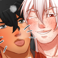 Two characters, one is sticking his tongue out, the other is smiling