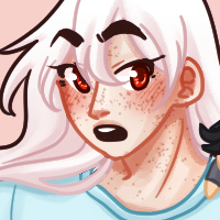 A white haired character with red eyes, looking surprised