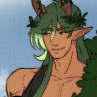 A green haired character with ferns decorating their hair and shoulders