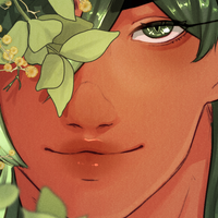 A green haired character framed by leaves