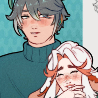 Al Haitham from Genshin and an original character with white hair and droopy animal ears