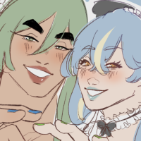 A green haired character, and a blue haired character, smiling at the viewer