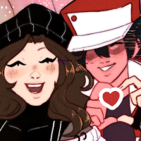A glitchy Red from Pokemon and an original character making a heart together