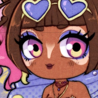 A chibi character with brown hair and pink-yellow eyes, and a pair of heart sunglasses