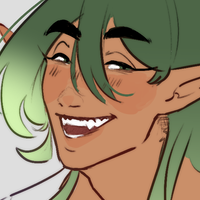 A character with green hair and elf-like ears laughing with their sharp teeth showing