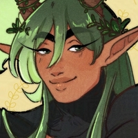 A green haired character with elf-like ears smiling towards the camera