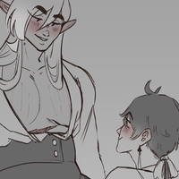 A character with elf-life ears grinning down towards Zhongli from Genshin Impact