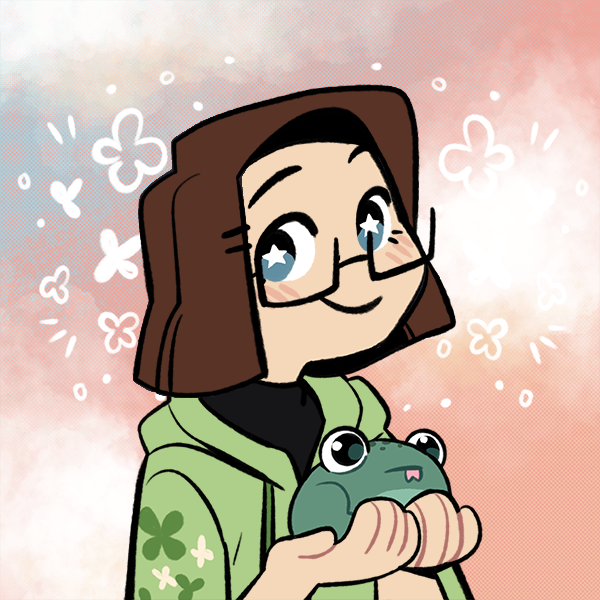 a chibi picrew of the webmaster with brown hair and glasses
