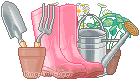 gardening equipment with pink rubber boots
